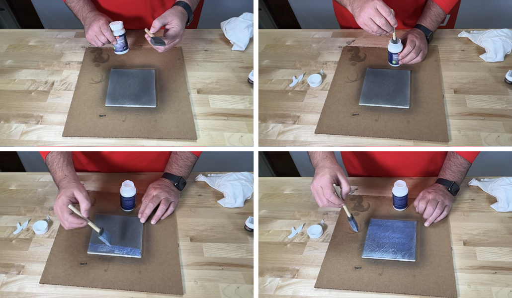 A four-image sequence showing a person in a red shirt applying a sealer with a foam brush to a surface with Vibrance™ Dye.